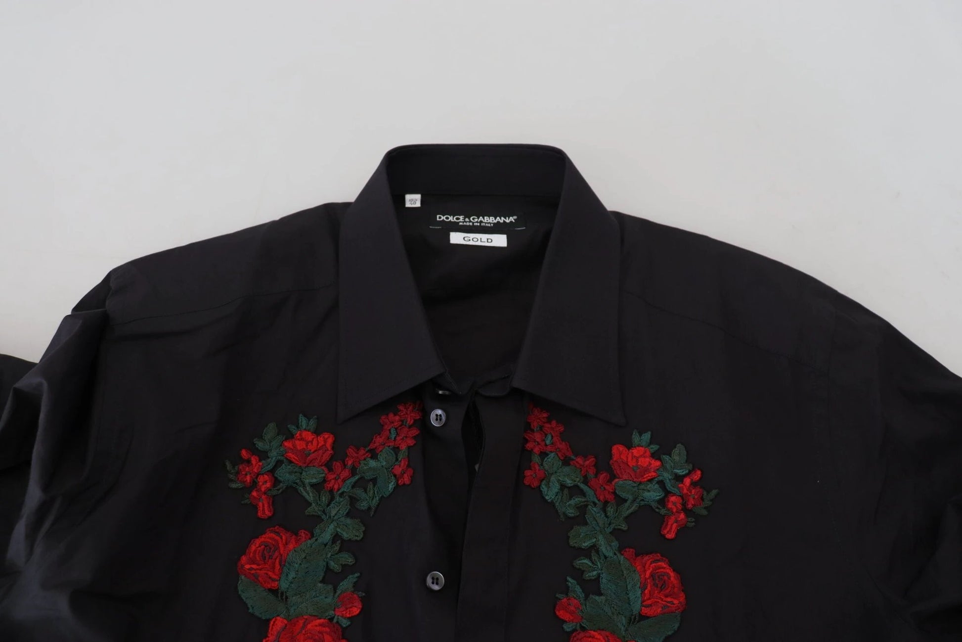 Dolce & Gabbana Black Floral Embroidery Men Long Sleeves GOLD Shirt by Dolce & Gabbana