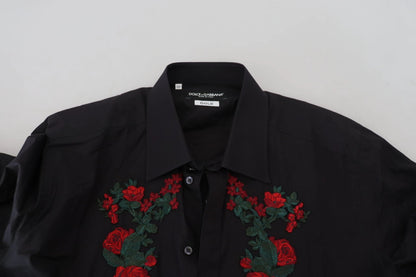 Dolce & Gabbana Black Floral Embroidery Men Long Sleeves GOLD Shirt by Dolce & Gabbana