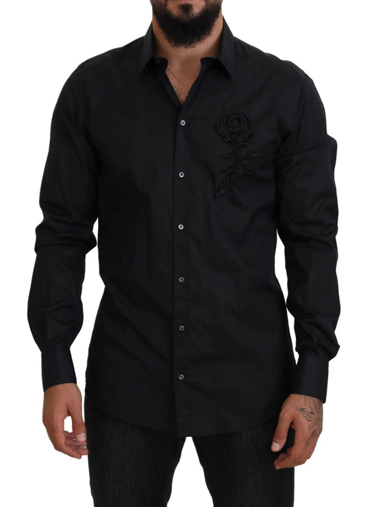Dolce & Gabbana Black Roses Slim Fit Cotton Shirt by Dolce & Gabbana