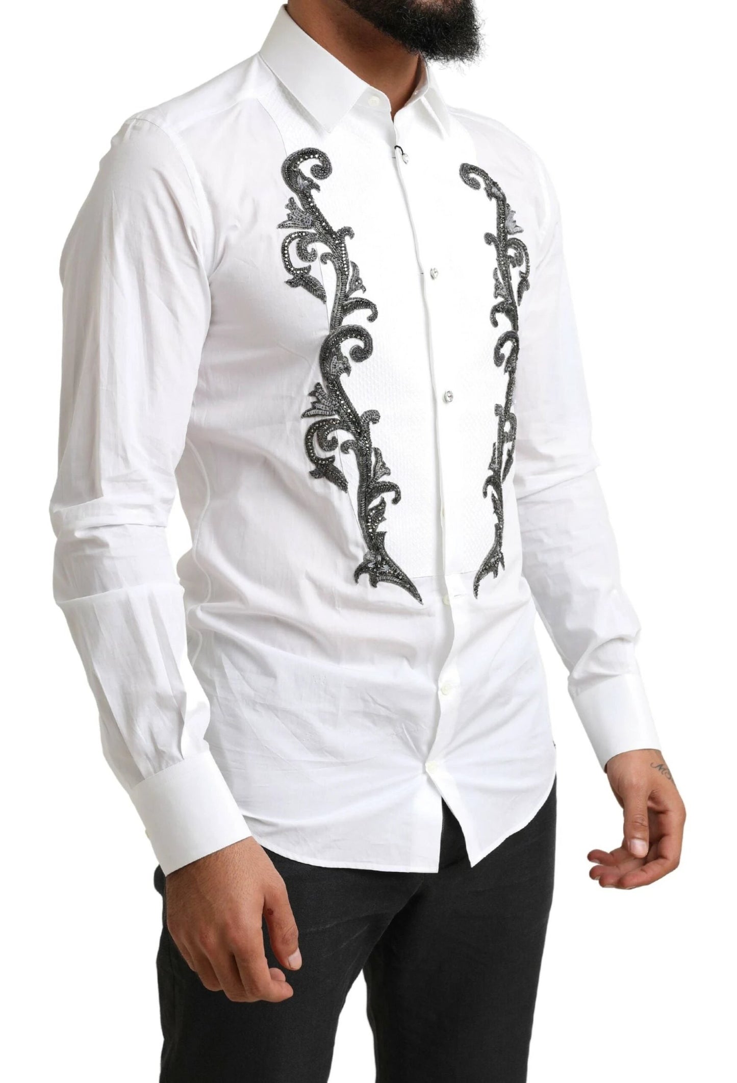 Dolce & Gabbana White Tuxedo Slim Fit Baroque Shirt by Dolce & Gabbana