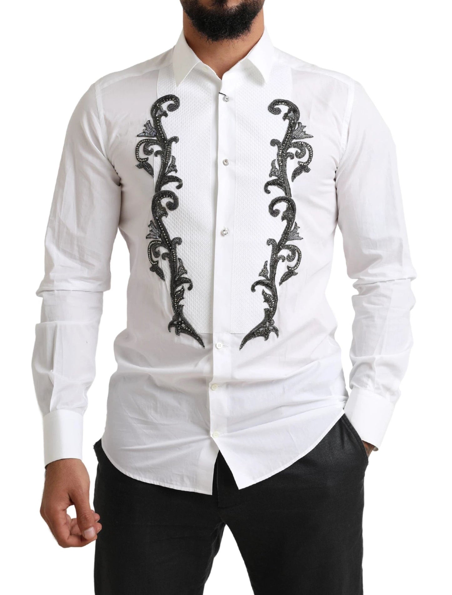 Dolce & Gabbana White Tuxedo Slim Fit Baroque Shirt by Dolce & Gabbana