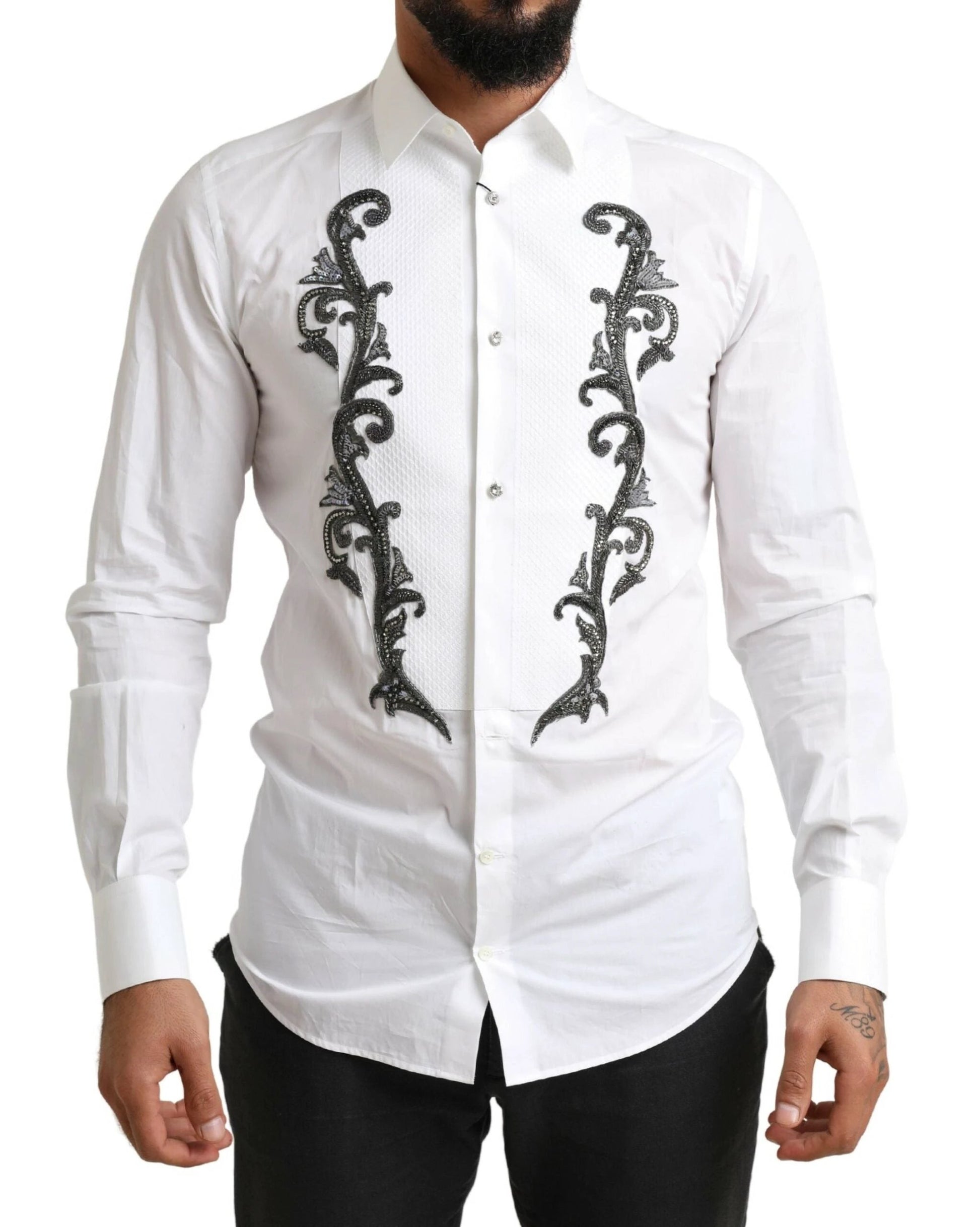 Dolce & Gabbana White Tuxedo Slim Fit Baroque Shirt by Dolce & Gabbana