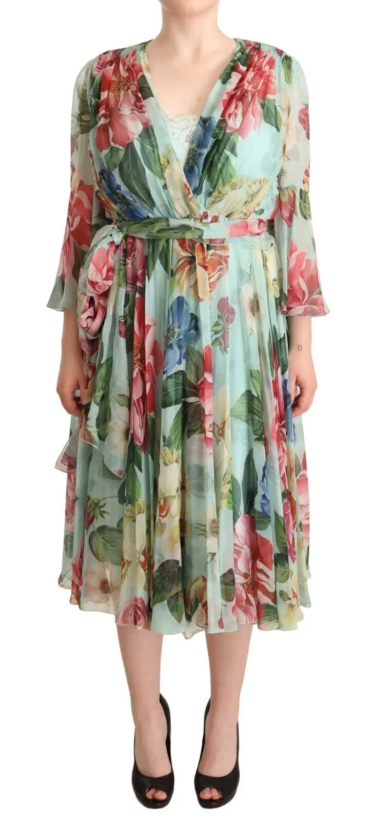 Dolce & Gabbana Multicolor Green Floral Silk Wrap Midi Dress by Dolce & Gabbana
