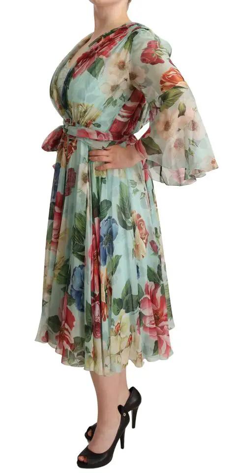 Dolce & Gabbana Multicolor Green Floral Silk Wrap Midi Dress by Dolce & Gabbana