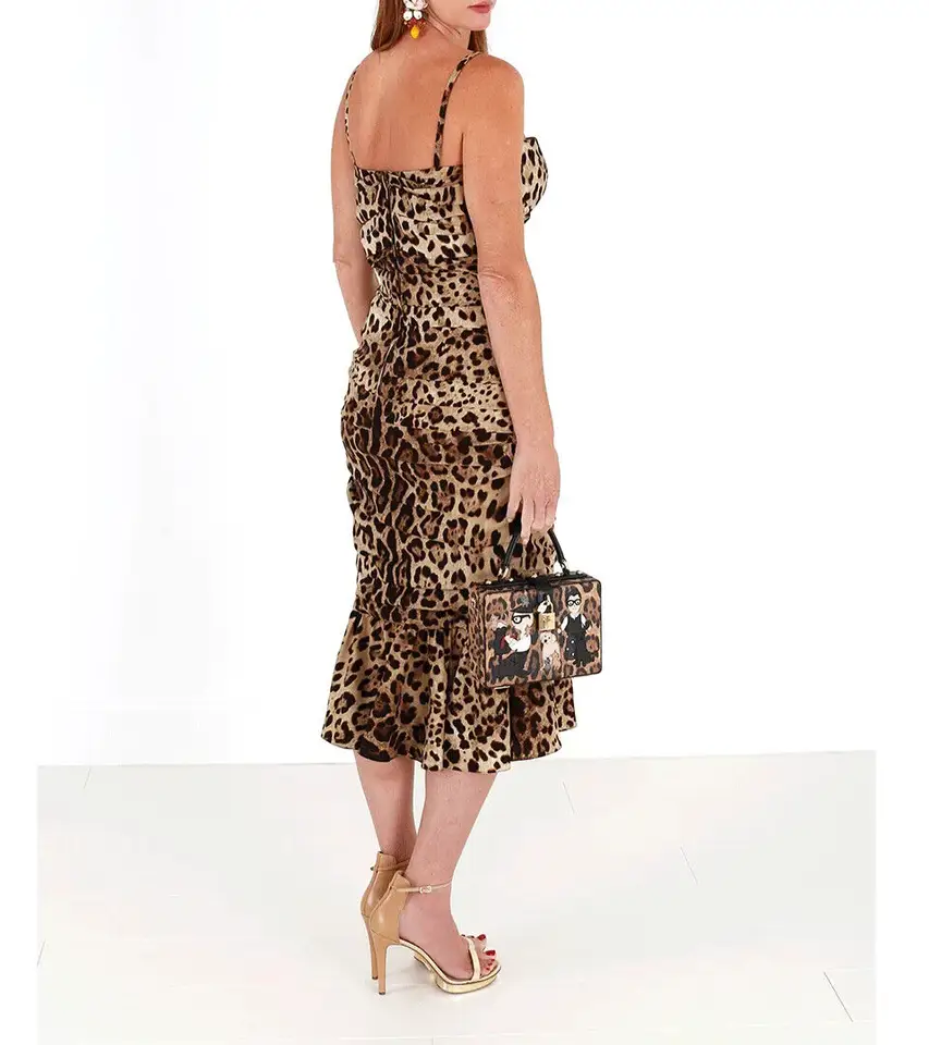 Dolce & Gabbana Brown Leopard Print Ruched Midi Dress by Dolce & Gabbana