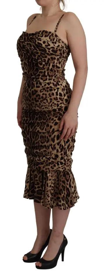 Dolce & Gabbana Brown Leopard Print Ruched Midi Dress by Dolce & Gabbana