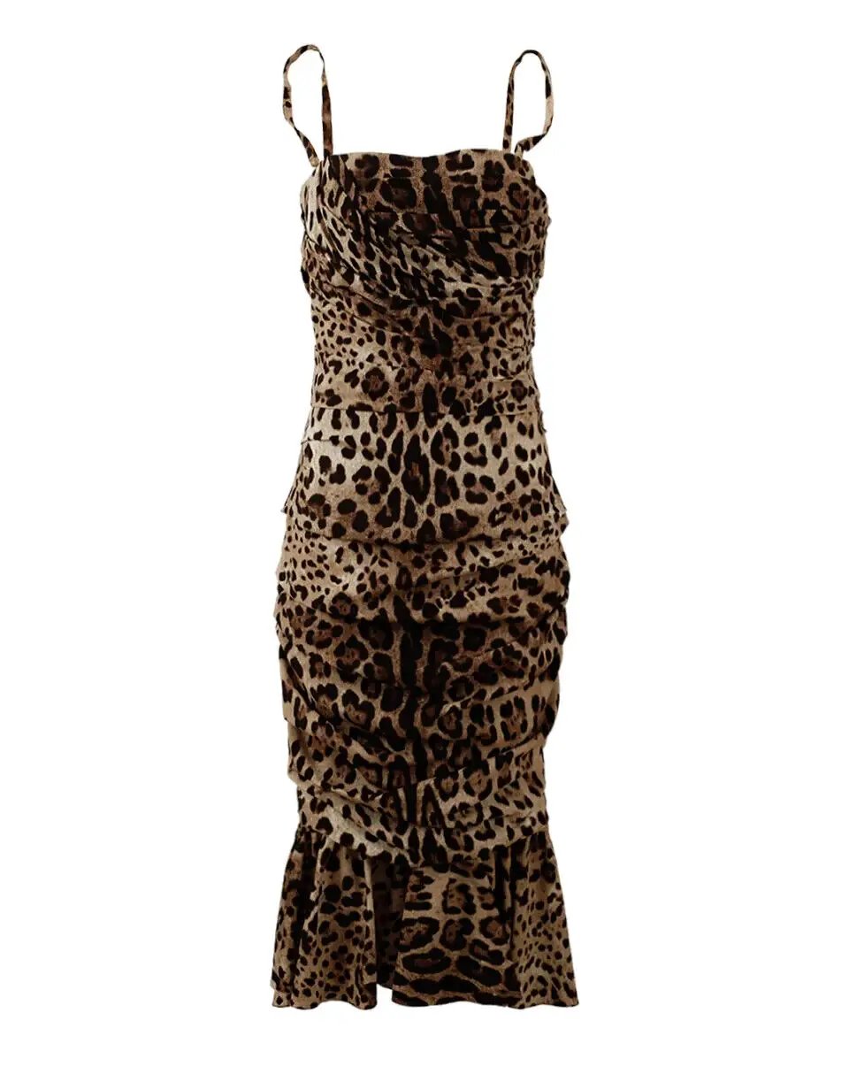 Dolce & Gabbana Brown Leopard Print Ruched Midi Dress by Dolce & Gabbana