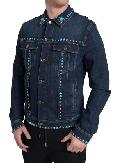 Dolce & Gabbana Blue Denim Turquoise Stones Studded Jacket by Dolce & Gabbana