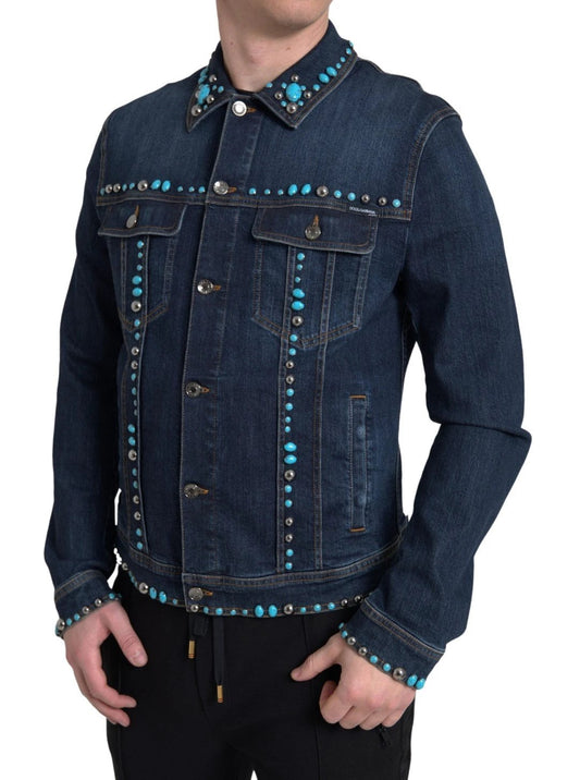 Dolce & Gabbana Blue Denim Turquoise Stones Studded Jacket by Dolce & Gabbana
