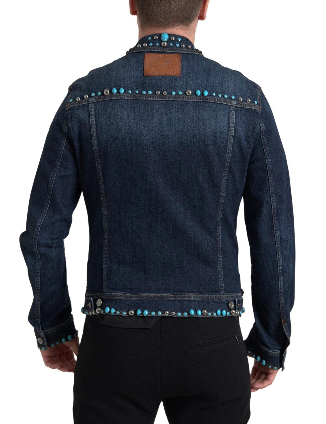 Dolce & Gabbana Blue Denim Turquoise Stones Studded Jacket by Dolce & Gabbana