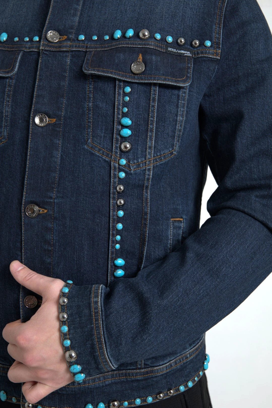 Dolce & Gabbana Blue Denim Turquoise Stones Studded Jacket by Dolce & Gabbana