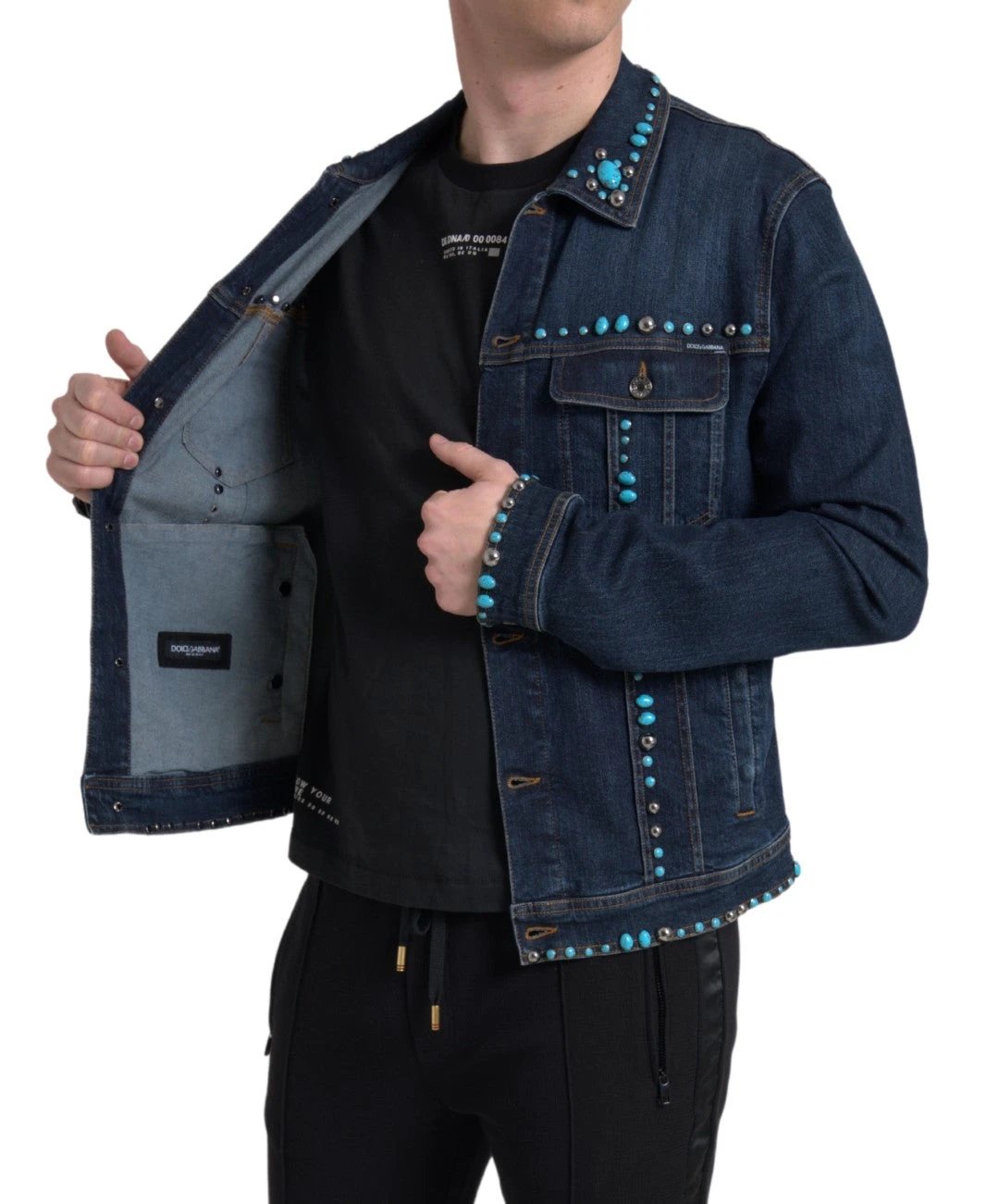 Dolce & Gabbana Blue Denim Turquoise Stones Studded Jacket by Dolce & Gabbana