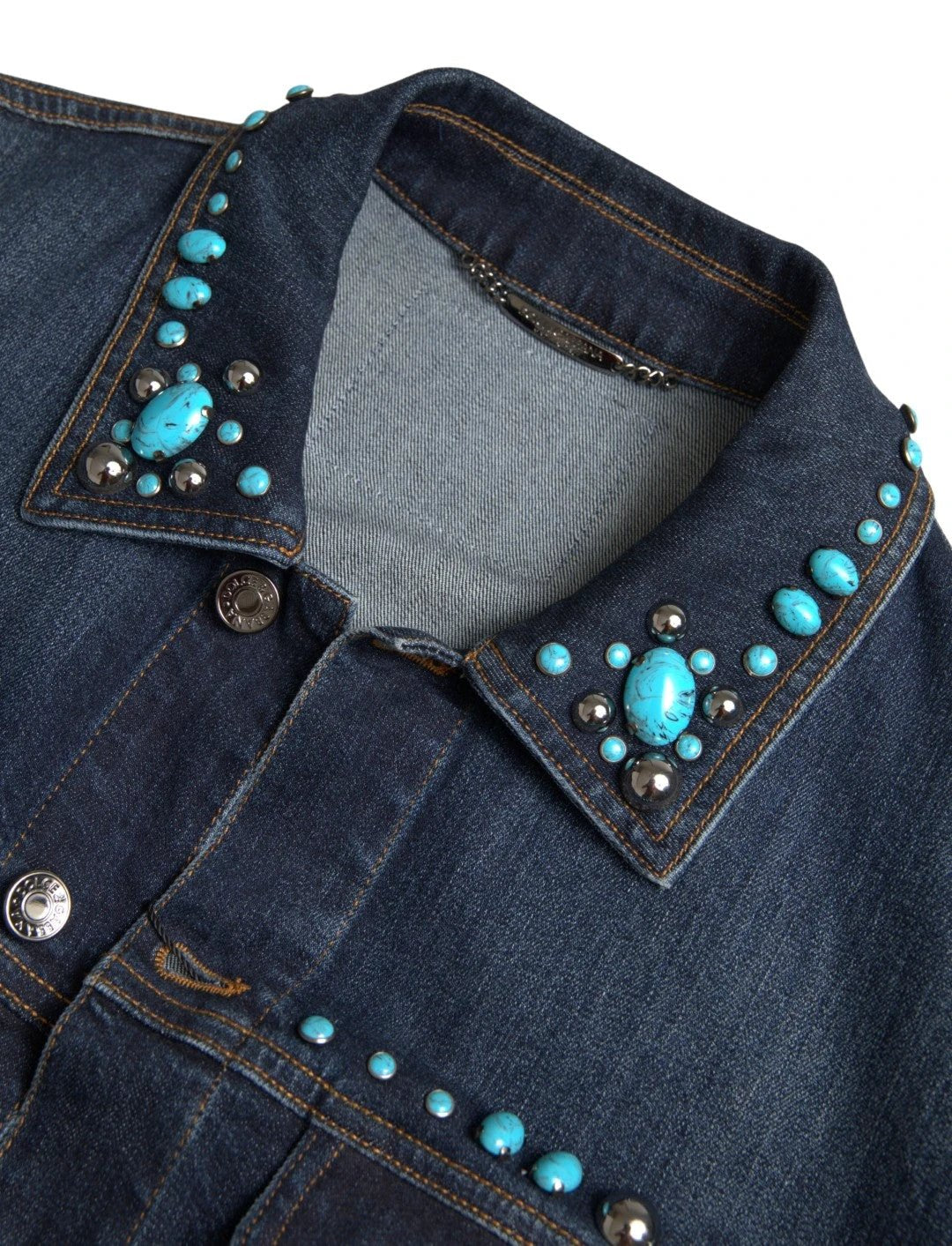 Dolce & Gabbana Blue Denim Turquoise Stones Studded Jacket by Dolce & Gabbana
