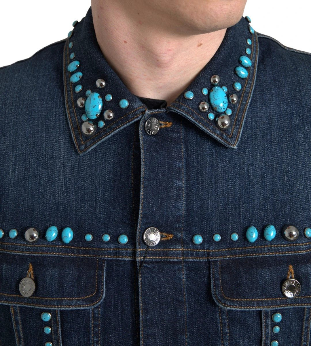 Dolce & Gabbana Blue Denim Turquoise Stones Studded Jacket by Dolce & Gabbana