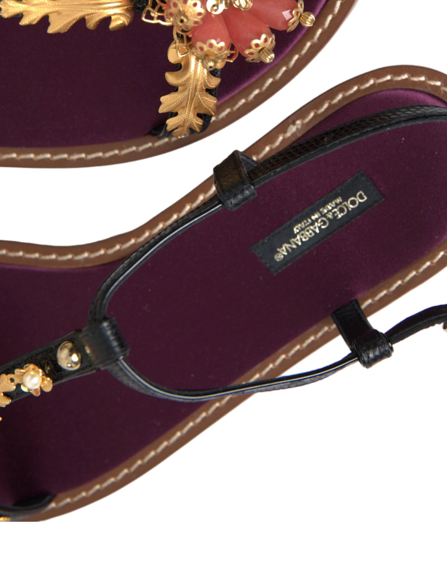 Dolce & Gabbana Black Crystal Gold Sandals Leather Shoes by Dolce & Gabbana