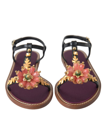 Dolce & Gabbana Black Crystal Gold Sandals Leather Shoes by Dolce & Gabbana