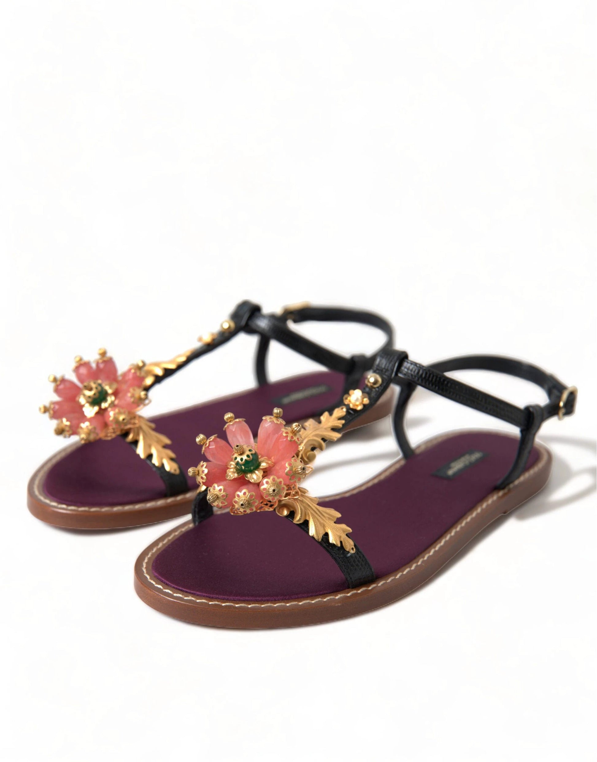 Dolce & Gabbana Black Crystal Gold Sandals Leather Shoes by Dolce & Gabbana