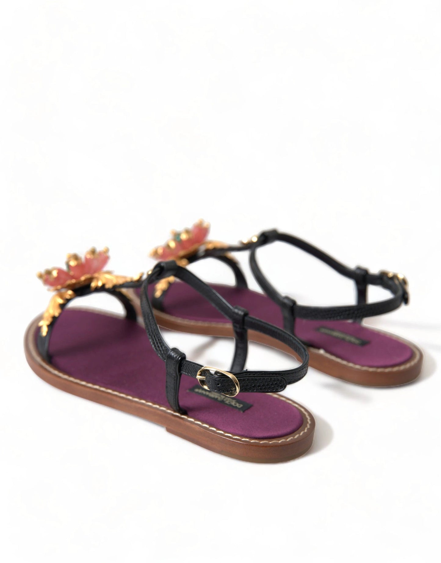 Dolce & Gabbana Black Crystal Gold Sandals Leather Shoes by Dolce & Gabbana