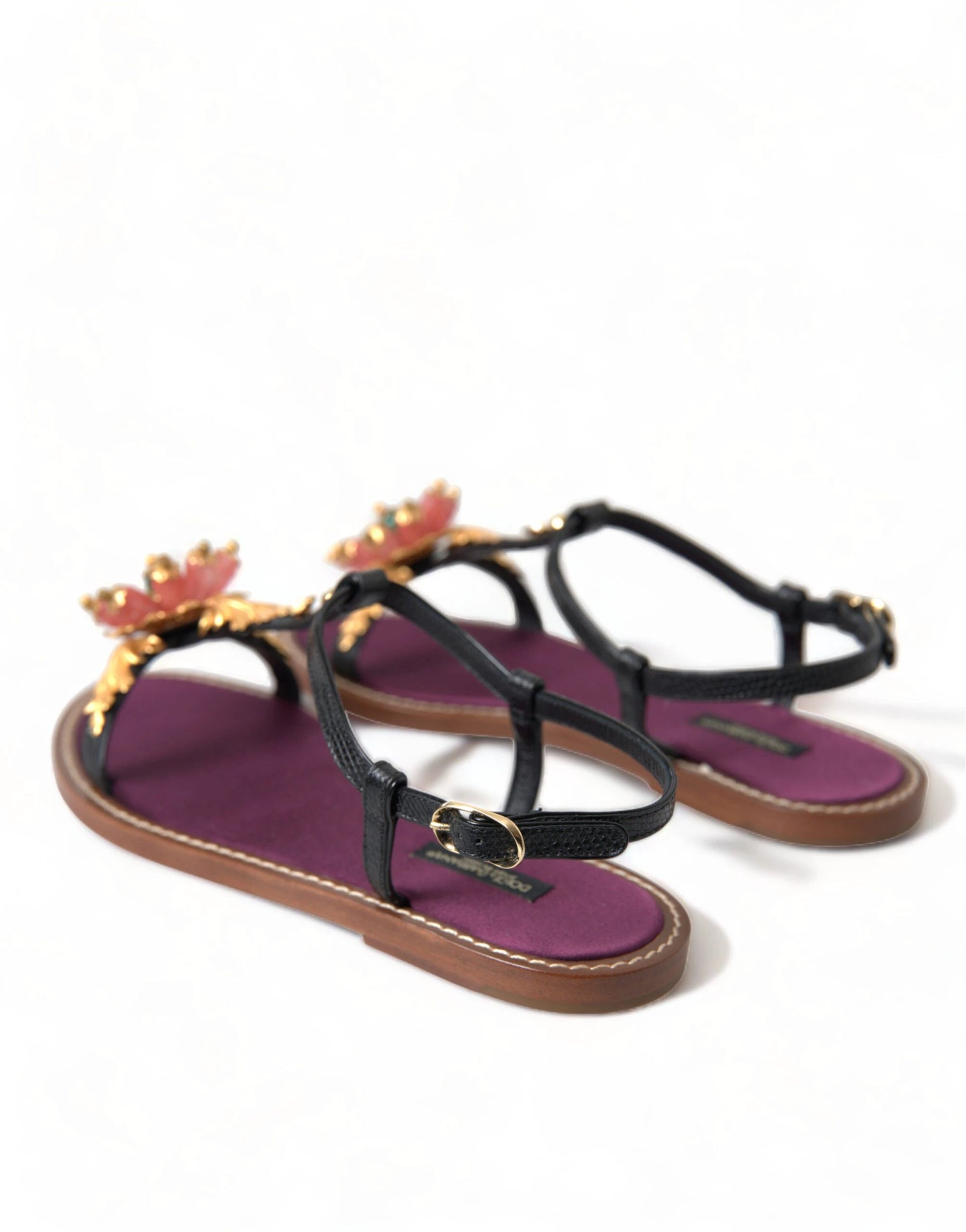 Dolce & Gabbana Black Crystal Gold Sandals Leather Shoes by Dolce & Gabbana