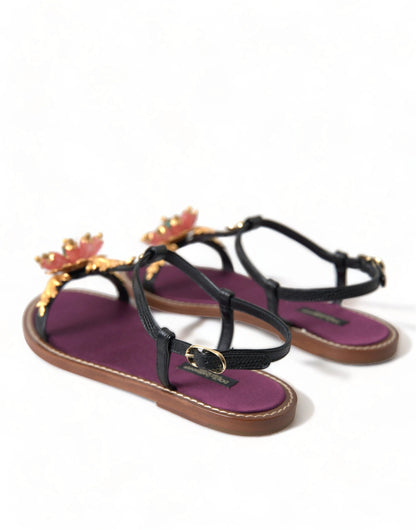Dolce & Gabbana Black Crystal Gold Sandals Leather Shoes by Dolce & Gabbana