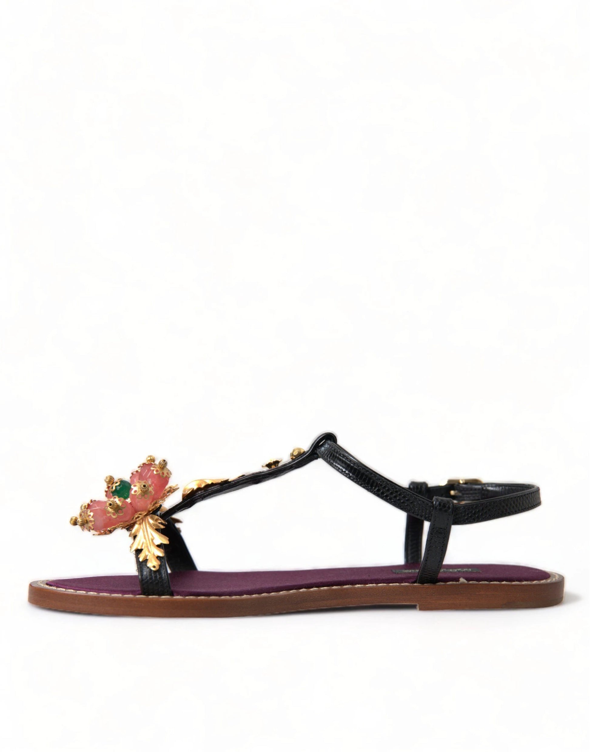 Dolce & Gabbana Black Crystal Gold Sandals Leather Shoes by Dolce & Gabbana