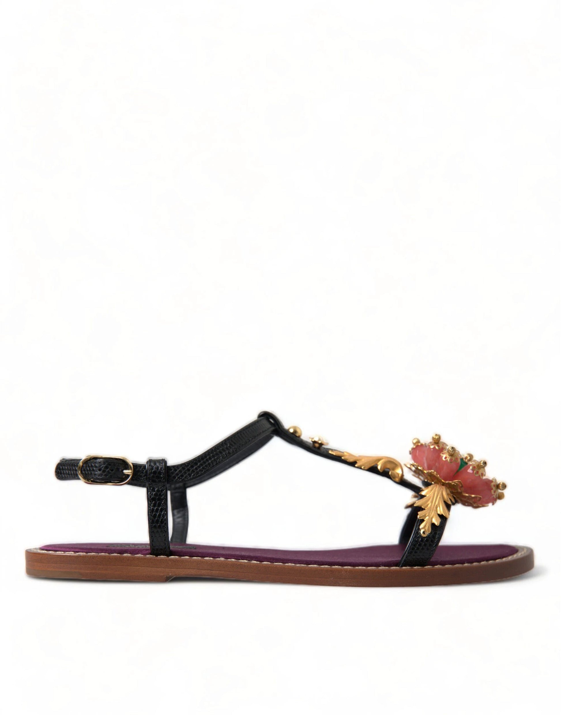 Dolce & Gabbana Black Crystal Gold Sandals Leather Shoes by Dolce & Gabbana