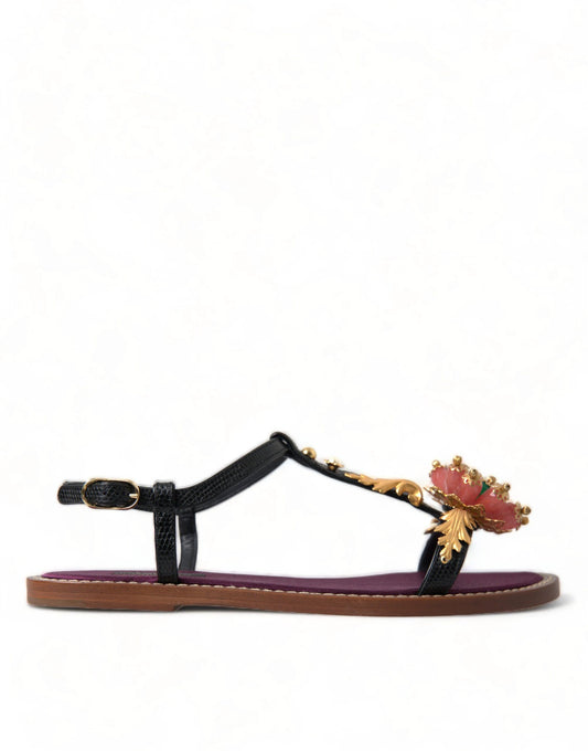 Dolce & Gabbana Black Crystal Gold Sandals Leather Shoes by Dolce & Gabbana