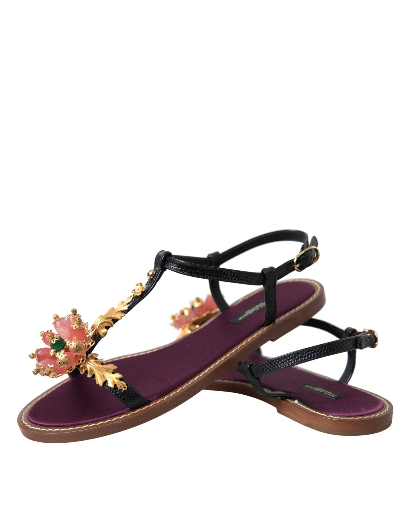 Dolce & Gabbana Black Crystal Gold Sandals Leather Shoes by Dolce & Gabbana