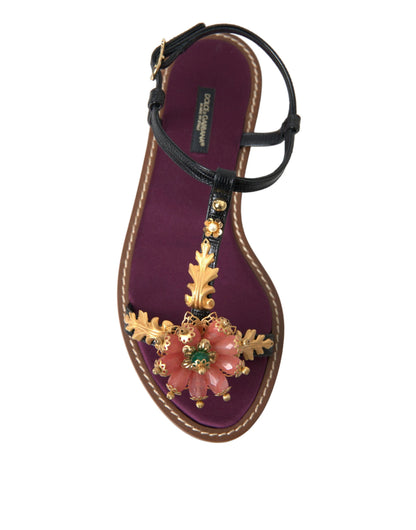 Dolce & Gabbana Black Crystal Gold Sandals Leather Shoes by Dolce & Gabbana