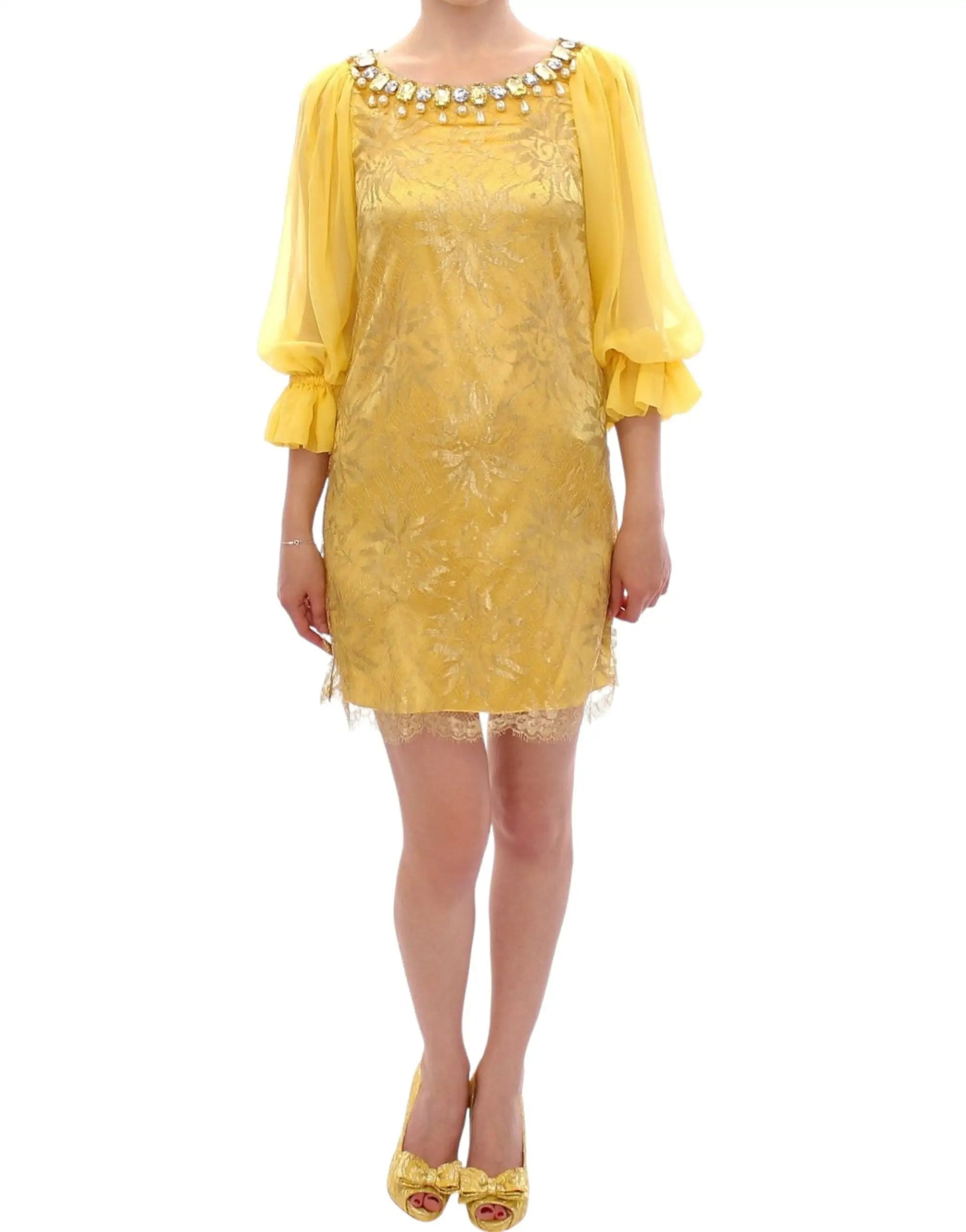 Dolce & Gabbana Yellow lace crystal mini dress by Dolce & Gabbana