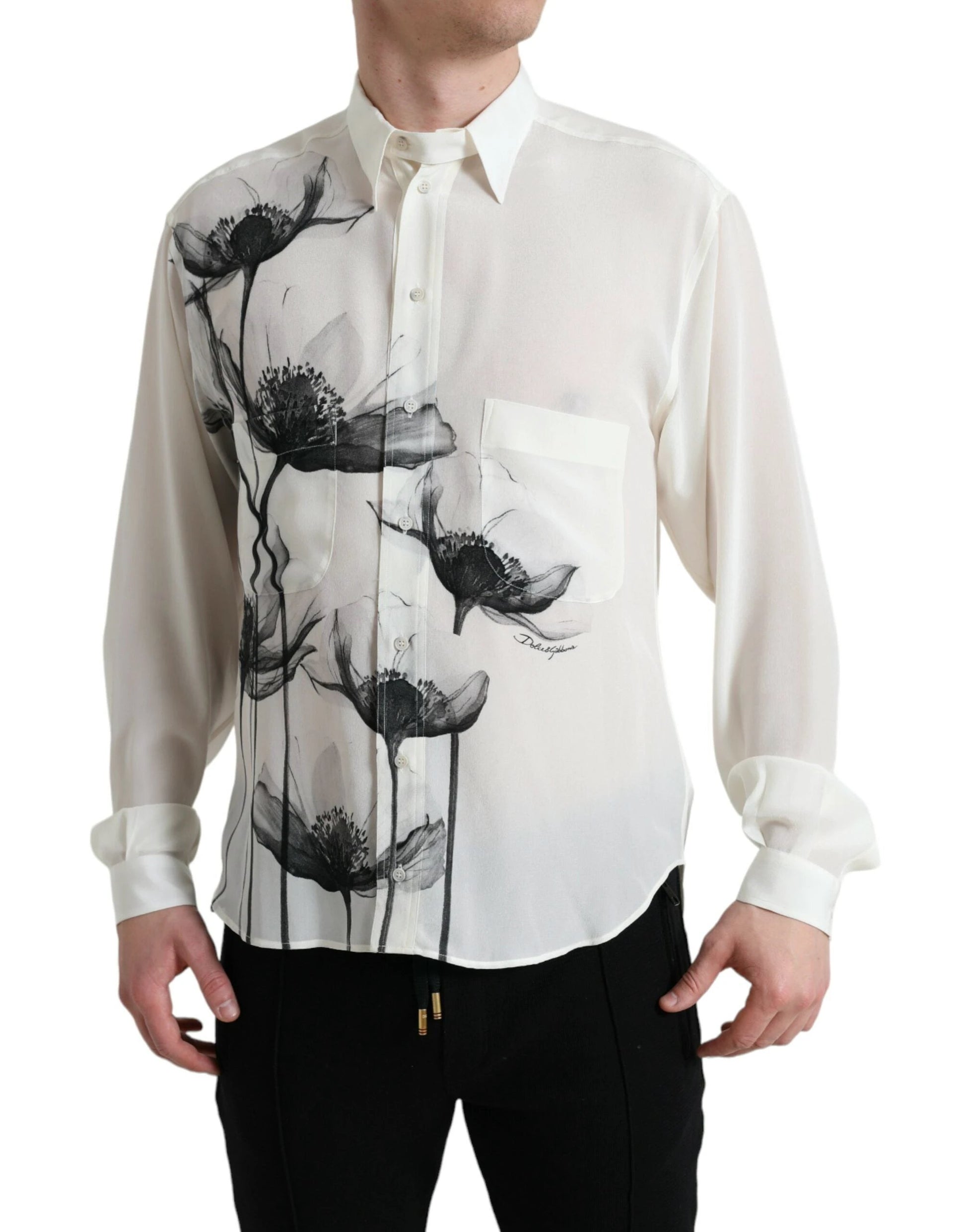 Dolce & Gabbana White Floral Collared Dress Silk Shirt by Dolce & Gabbana