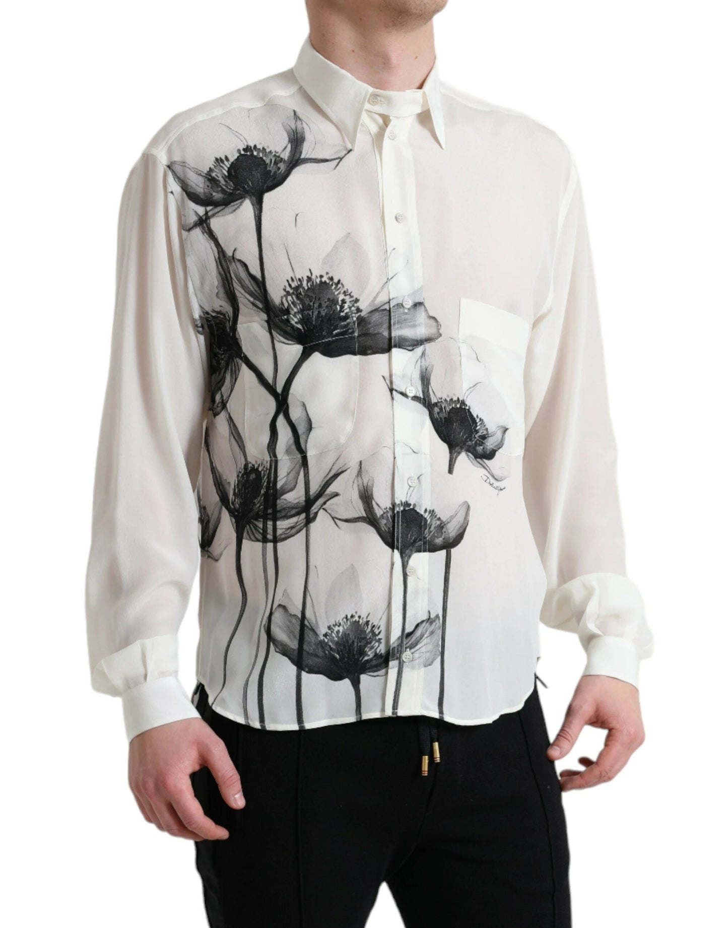 Dolce & Gabbana White Floral Collared Dress Silk Shirt by Dolce & Gabbana