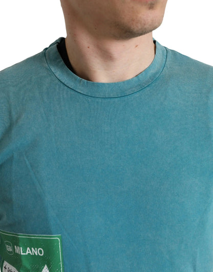 Dolce & Gabbana Blue Cotton Milano Street Round Neck T-shirt by Dolce & Gabbana
