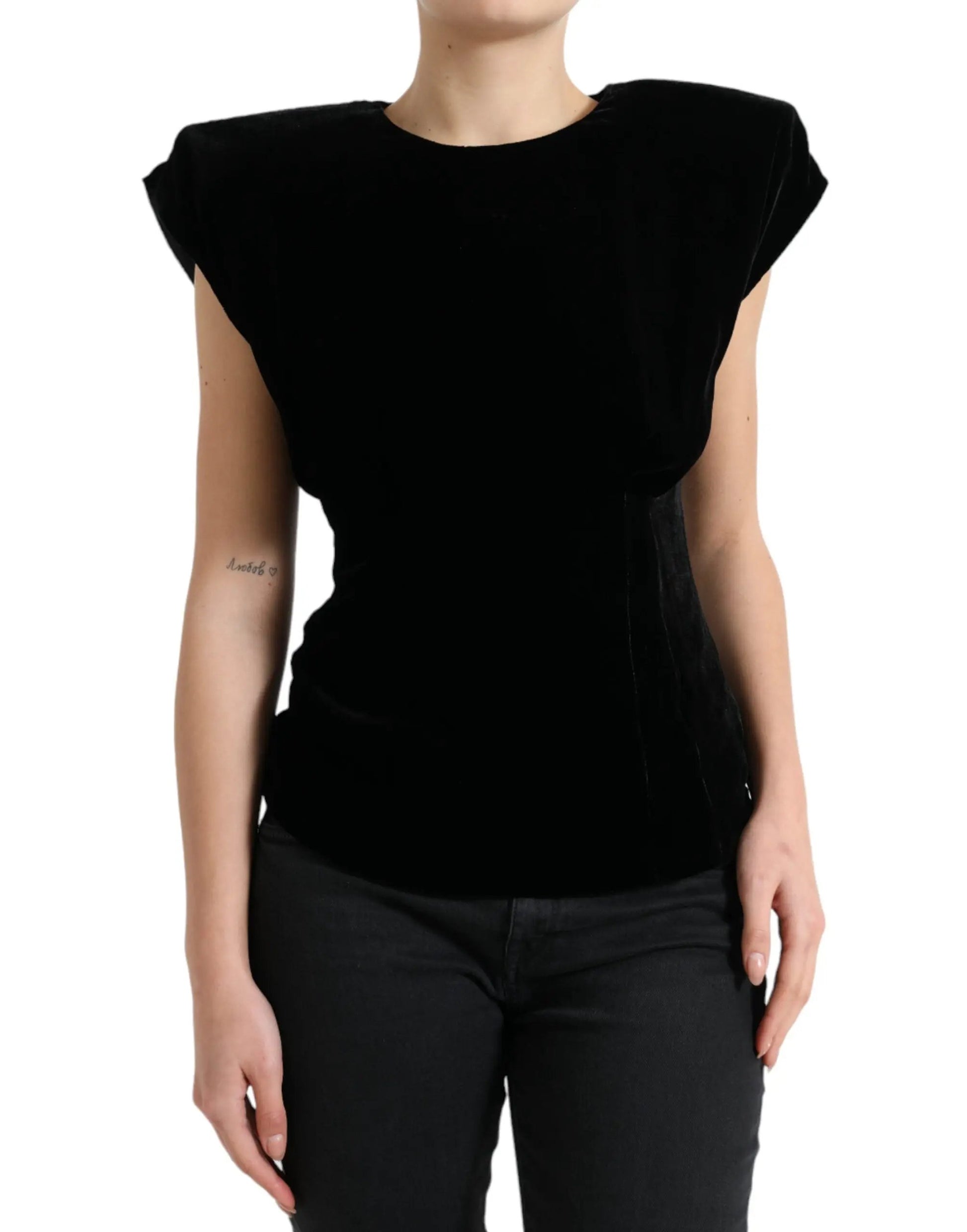 Dolce & Gabbana Black Velvet Fitted Padded Shoulder Blouse Top by Dolce & Gabbana