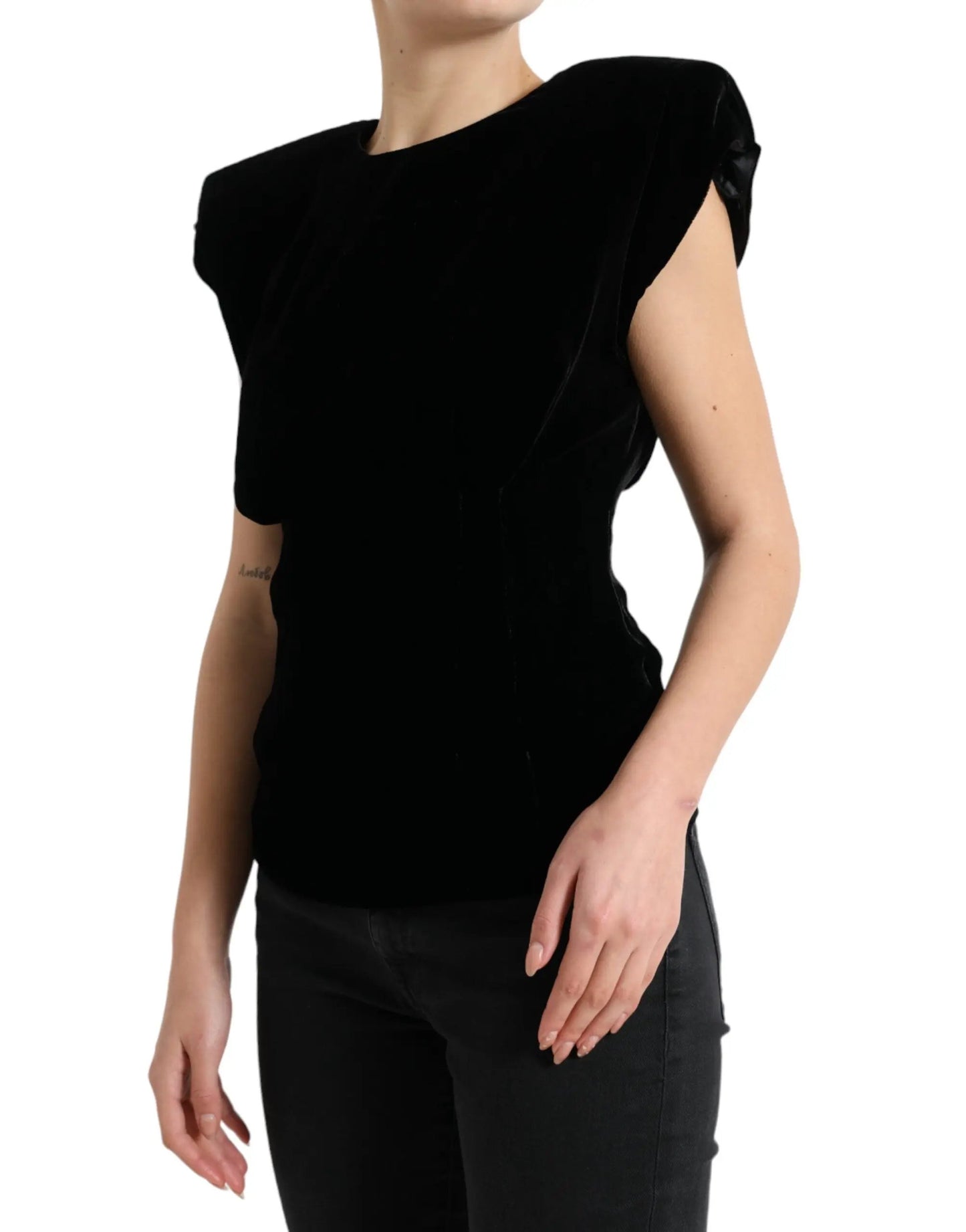 Dolce & Gabbana Black Velvet Fitted Padded Shoulder Blouse Top by Dolce & Gabbana