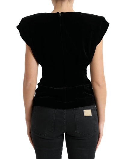 Dolce & Gabbana Black Velvet Fitted Padded Shoulder Blouse Top by Dolce & Gabbana