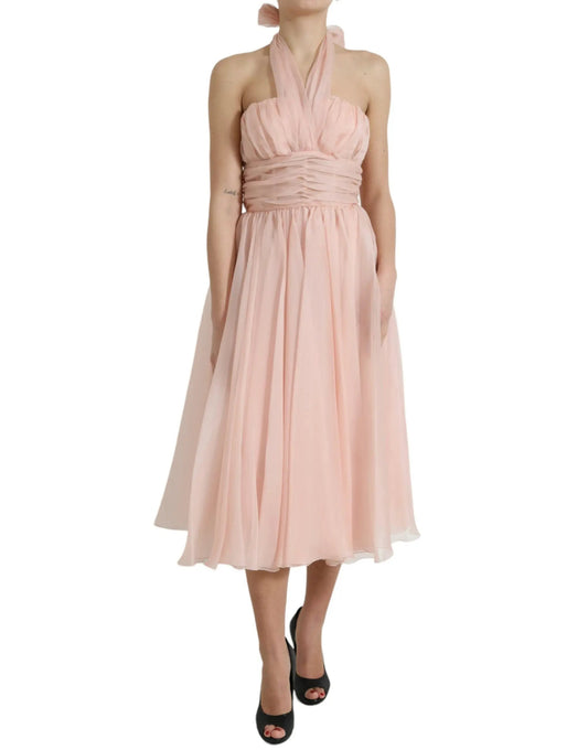 Dolce & Gabbana Pink Silk Chiffon Halter A-line Pleated Midi Dress by Dolce & Gabbana