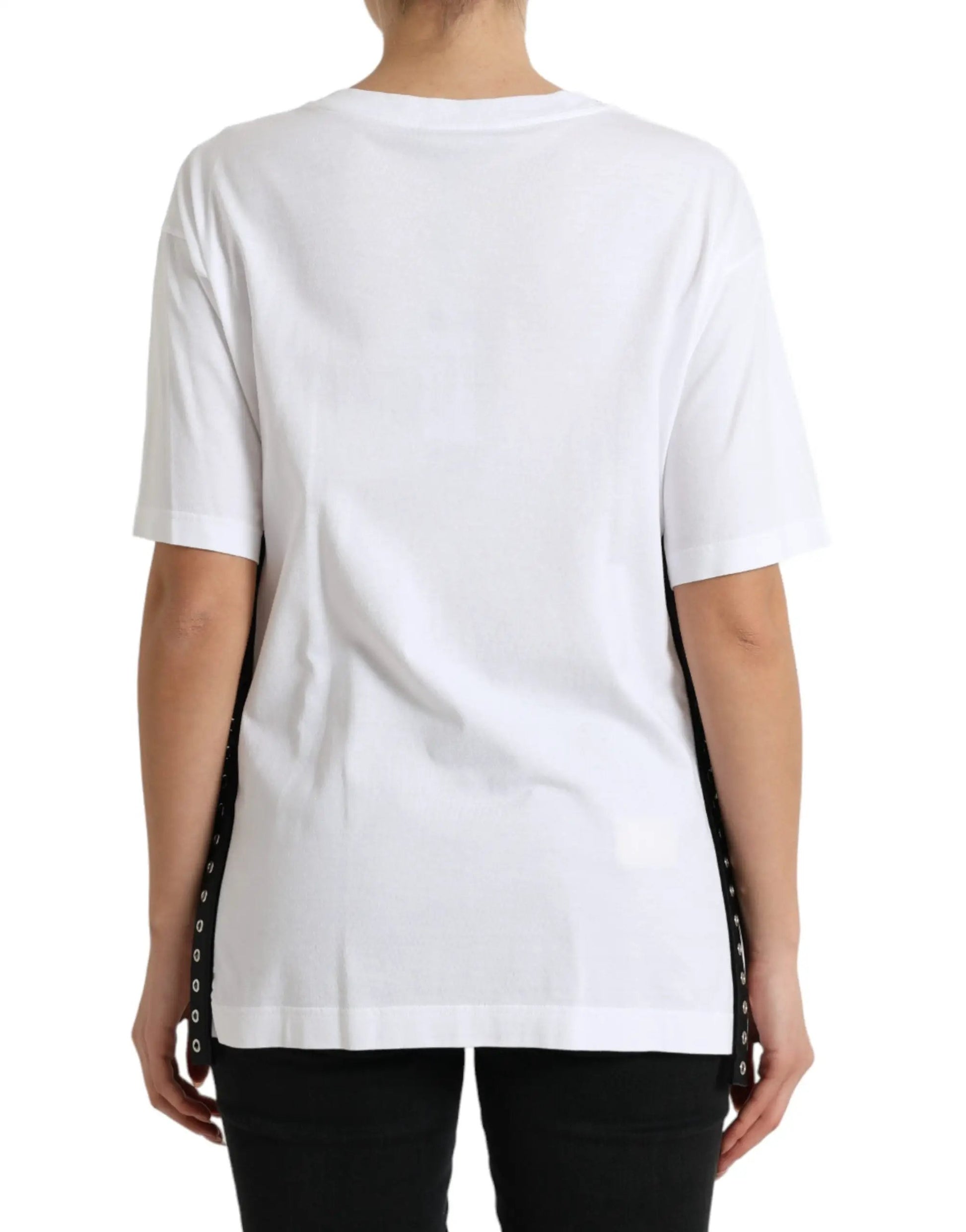 Dolce & Gabbana White Slogan Print Lacing Detailed T-shirt by Dolce & Gabbana