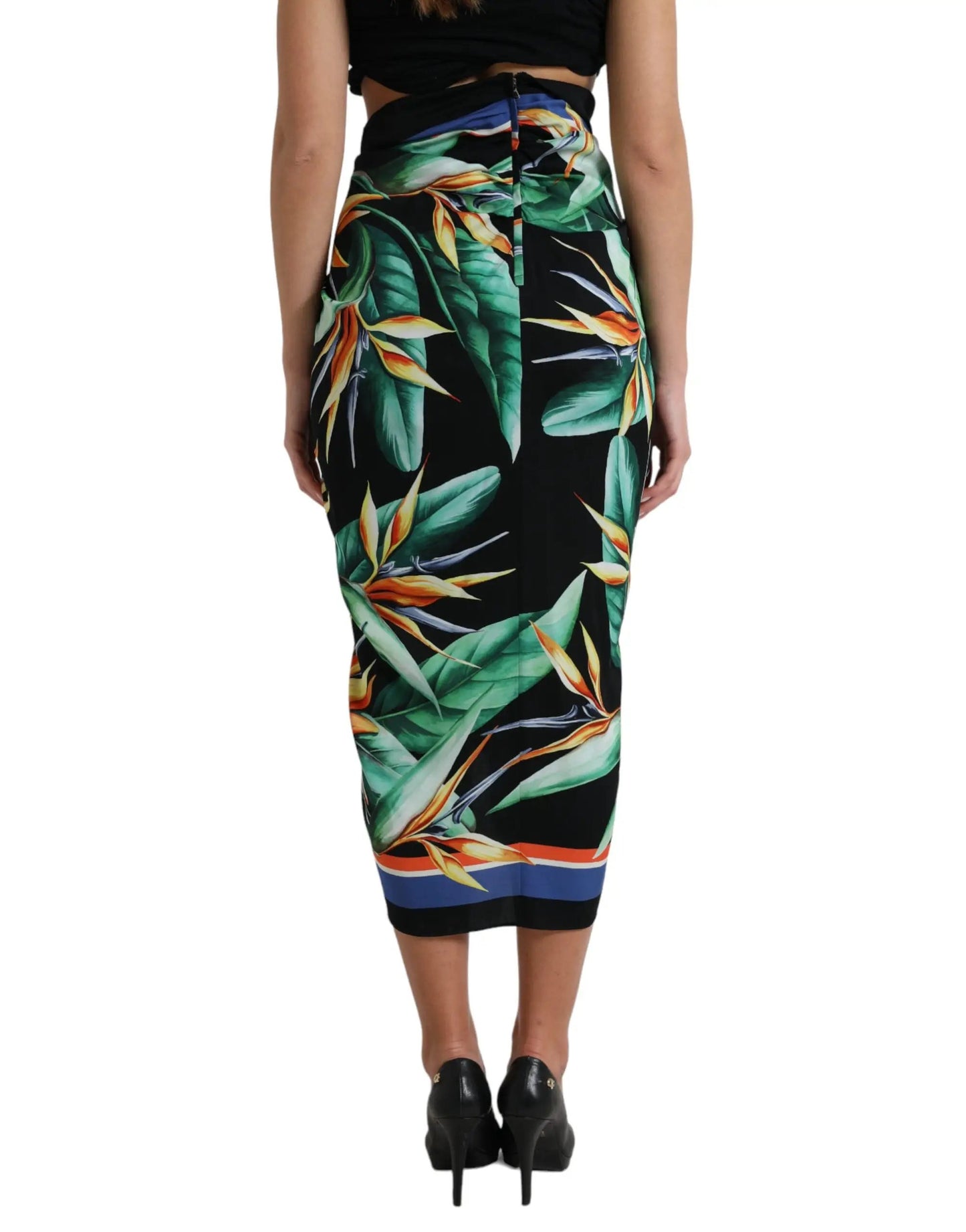 Dolce & Gabbana Black Strelitzia High Waist Wrap Midi Skirt by Dolce & Gabbana