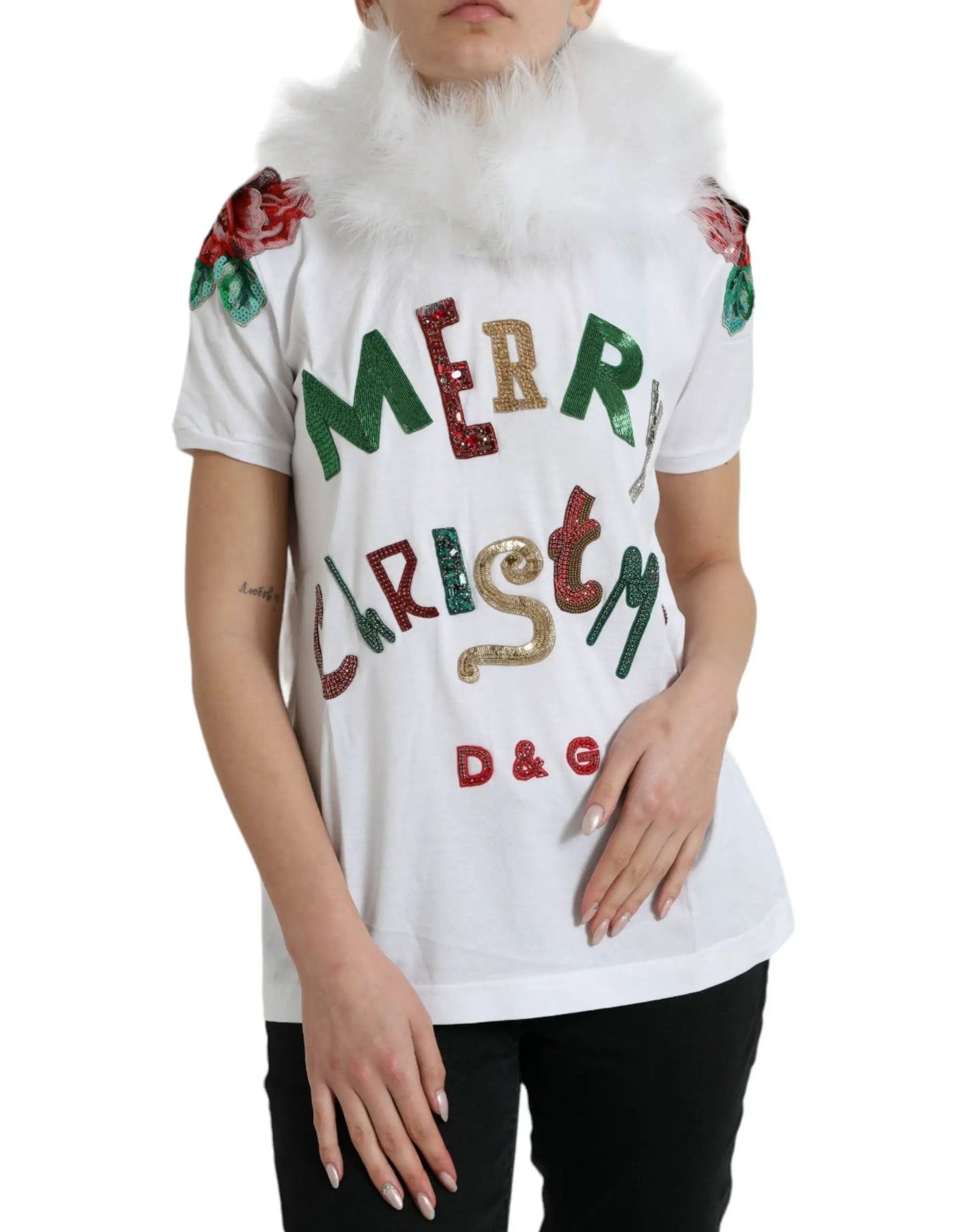 Dolce & Gabbana White Cotton Christmas Sequin Fur T-shirt by Dolce & Gabbana