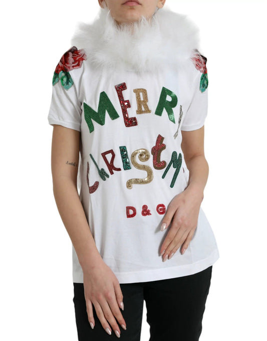 Dolce & Gabbana White Cotton Christmas Sequin Fur T-shirt by Dolce & Gabbana