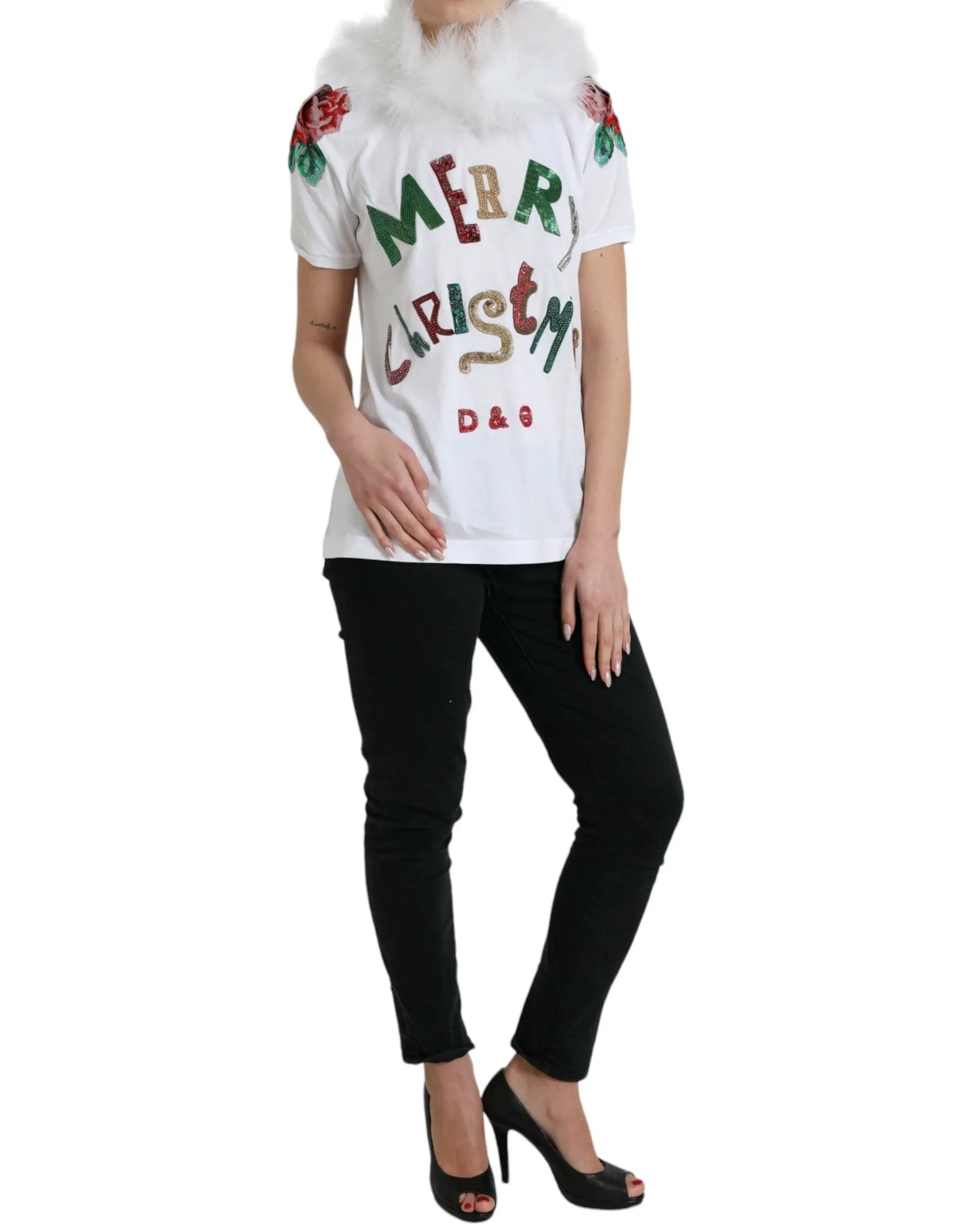 Dolce & Gabbana White Cotton Christmas Sequin Fur T-shirt by Dolce & Gabbana