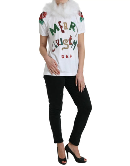 Dolce & Gabbana White Cotton Christmas Sequin Fur T-shirt by Dolce & Gabbana
