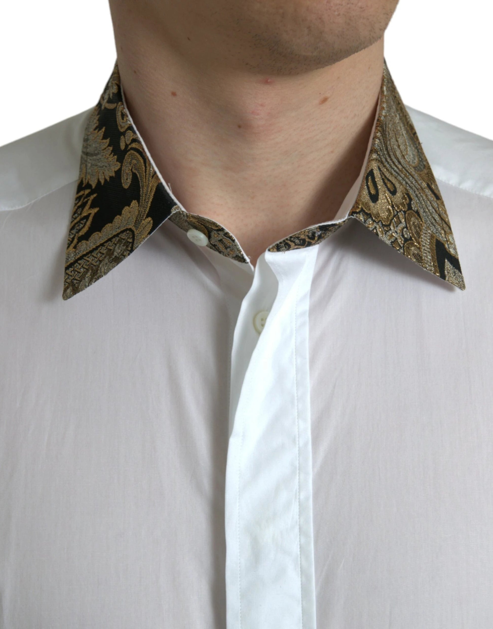 Dolce & Gabbana White Cotton Jacquard Formal GOLD Dress Shirt by Dolce & Gabbana