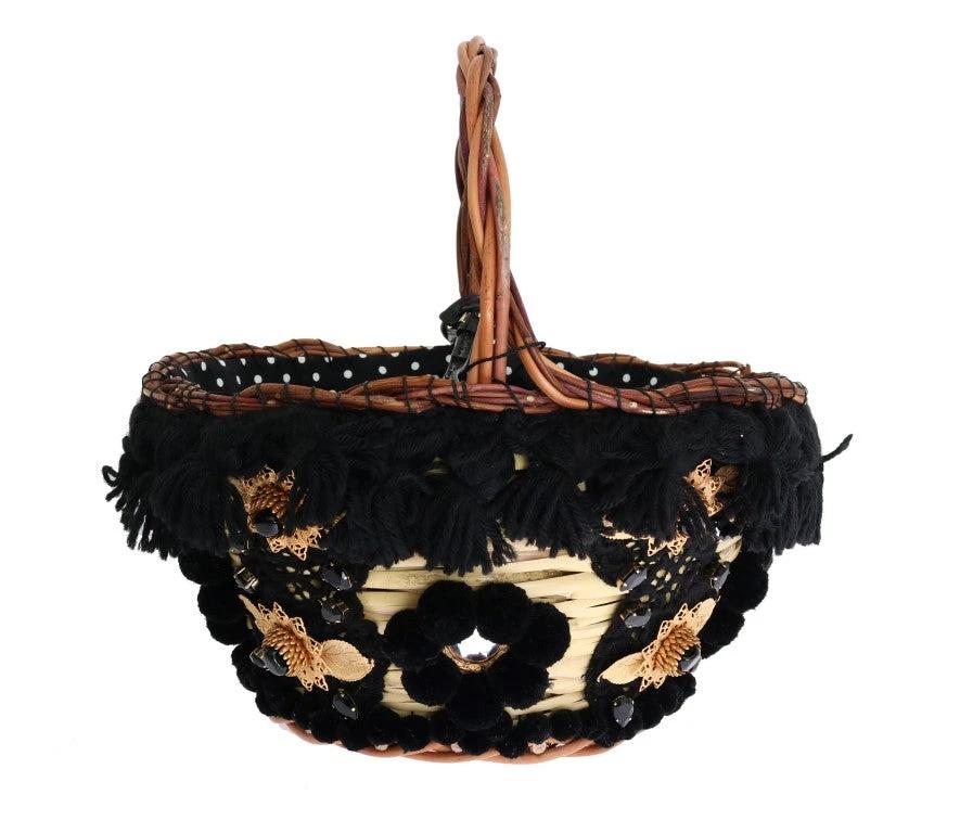 Dolce & Gabbana Beige Straw Snakeskin Pom Pom Crystal AGNESE Bag by Dolce & Gabbana