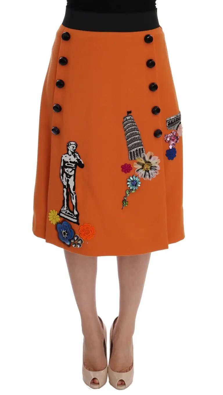 Dolce & Gabbana Orange Wool Crystal Sequin Appliques Skirt by Dolce & Gabbana