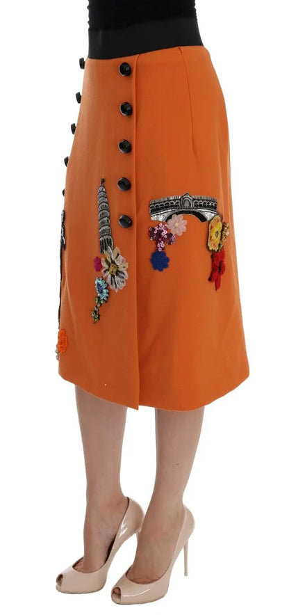 Dolce & Gabbana Orange Wool Crystal Sequin Appliques Skirt by Dolce & Gabbana
