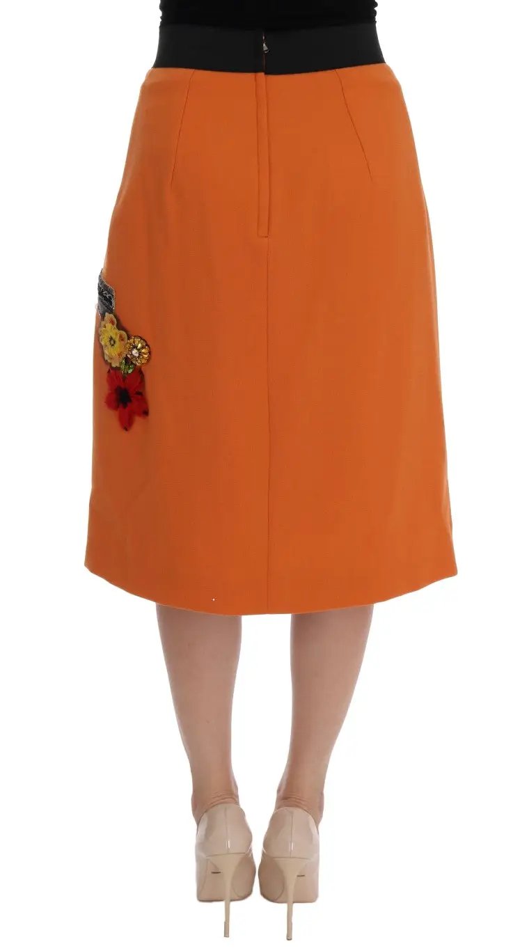 Dolce & Gabbana Orange Wool Crystal Sequin Appliques Skirt by Dolce & Gabbana