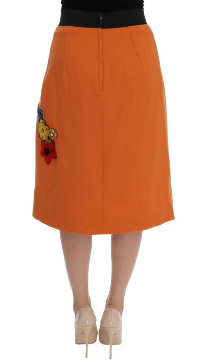Dolce & Gabbana Orange Wool Crystal Sequin Appliques Skirt by Dolce & Gabbana