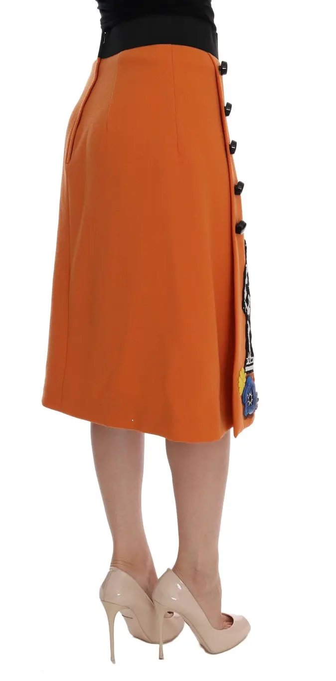 Dolce & Gabbana Orange Wool Crystal Sequin Appliques Skirt by Dolce & Gabbana